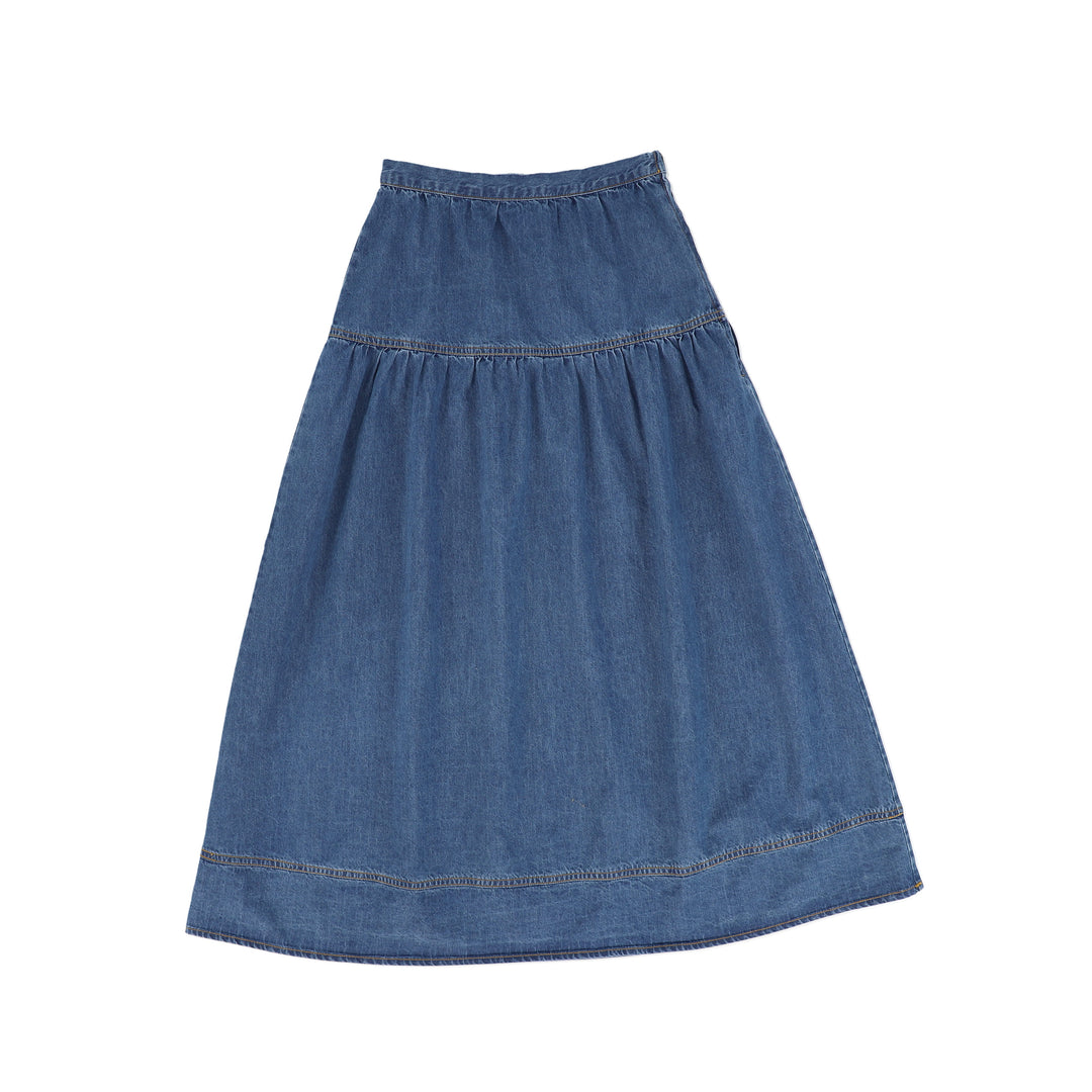 C-17417-Waisted Denim Maxi Skirt -Denim