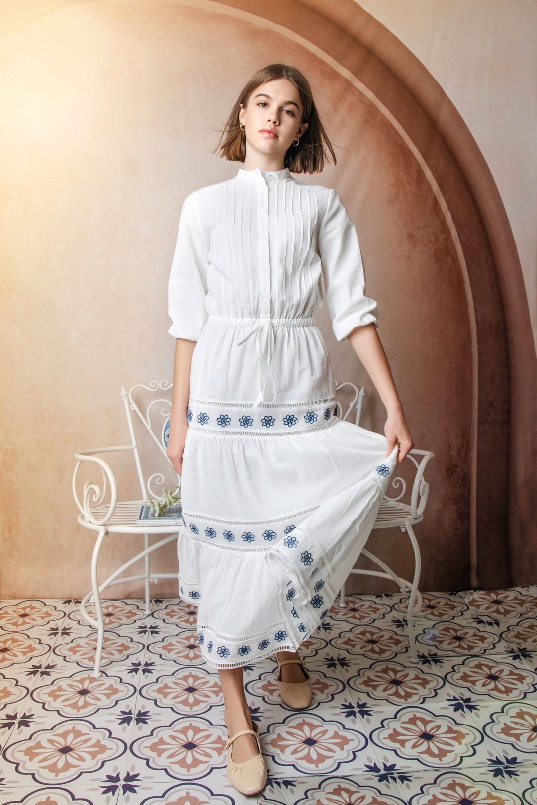 HDR611-EMBROIDERED COTTON DRESS-Ivory