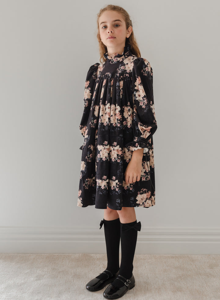 EXCLUSIVE REORDER 1218-Black Bouquet Print Cord Dress FINAL SALE