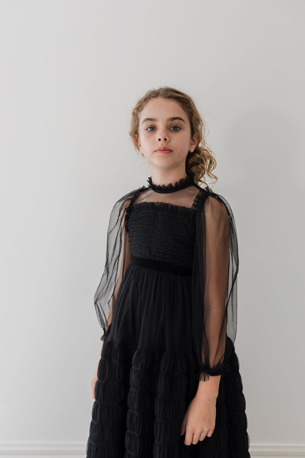 1251-Smocked Tulle Dress-Black