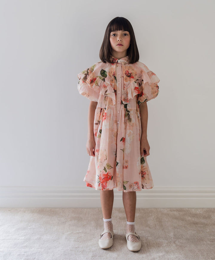 1255B ELBOW-Linen Collar Dress-Peach Peony Print 3/4 sleeve