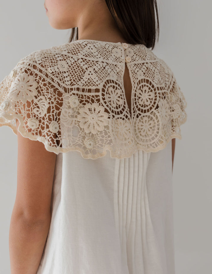 1257-Crochet Cape Linen Dress-White/Natural