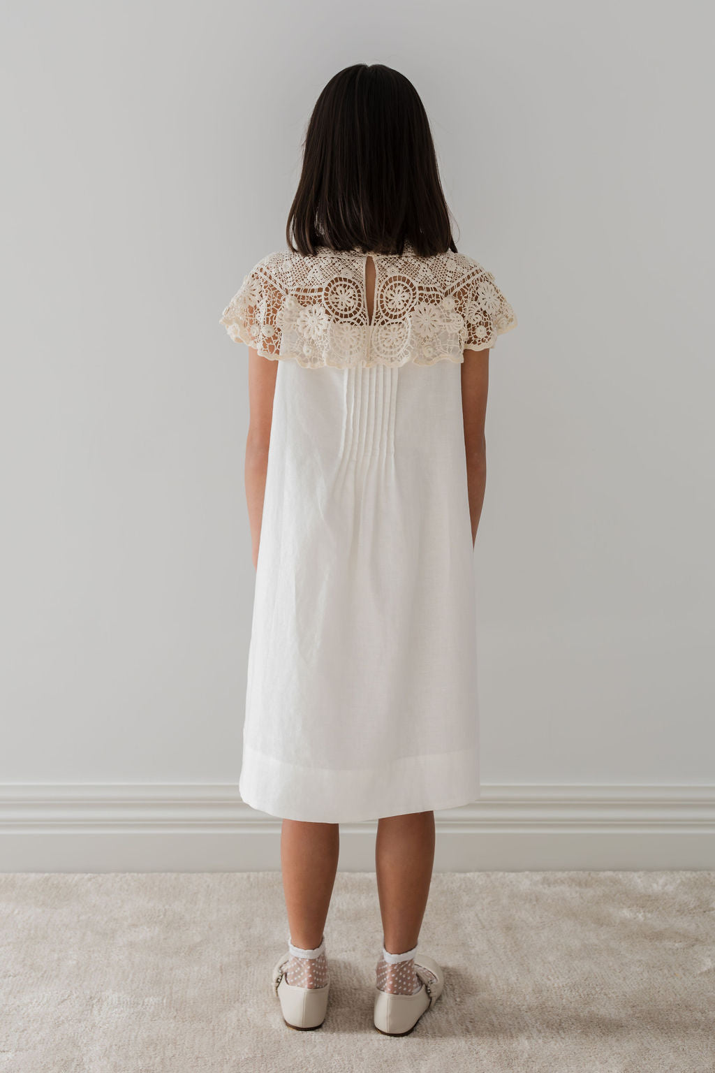 1257-Crochet Cape Linen Dress-White/Natural