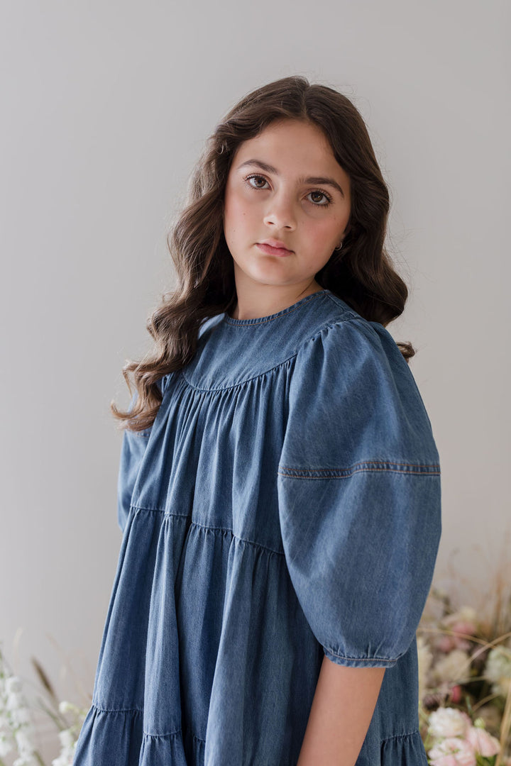 1286-Full Sleeve Chambray Smock Dress-Mid Wash Chambray