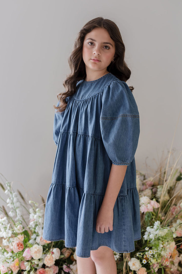 1286-Full Sleeve Chambray Smock Dress-Mid Wash Chambray