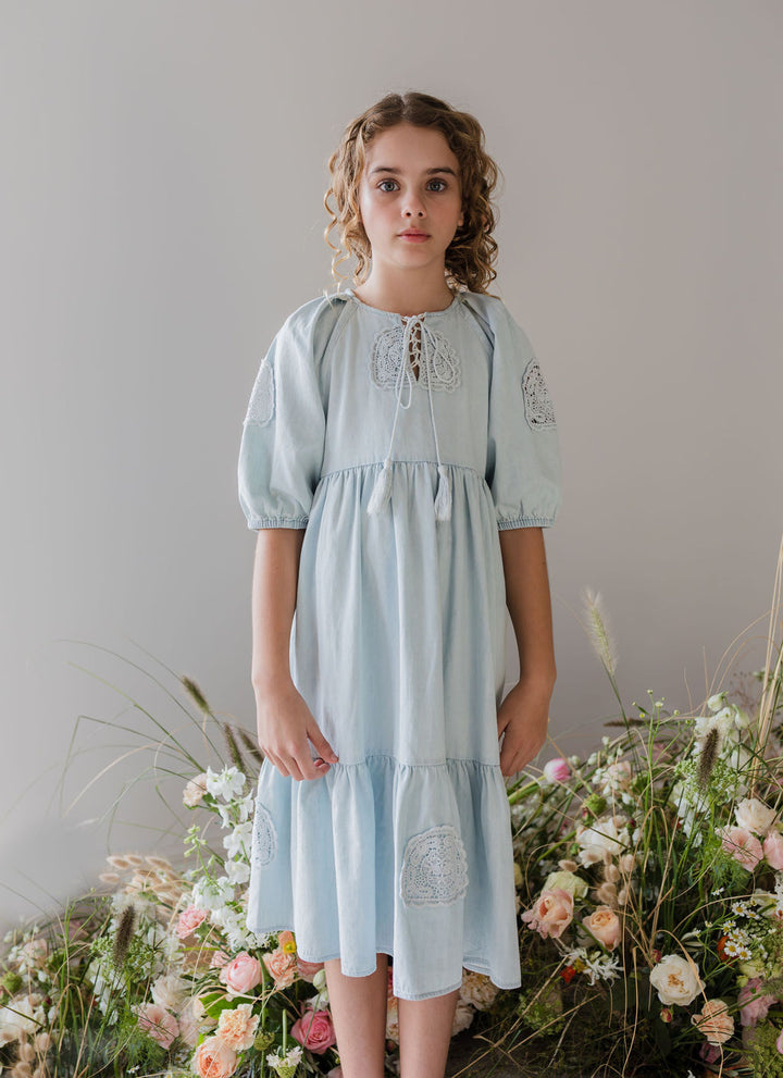 1287-Crochet Doily Chambray Dress-Pale Wash Chambray