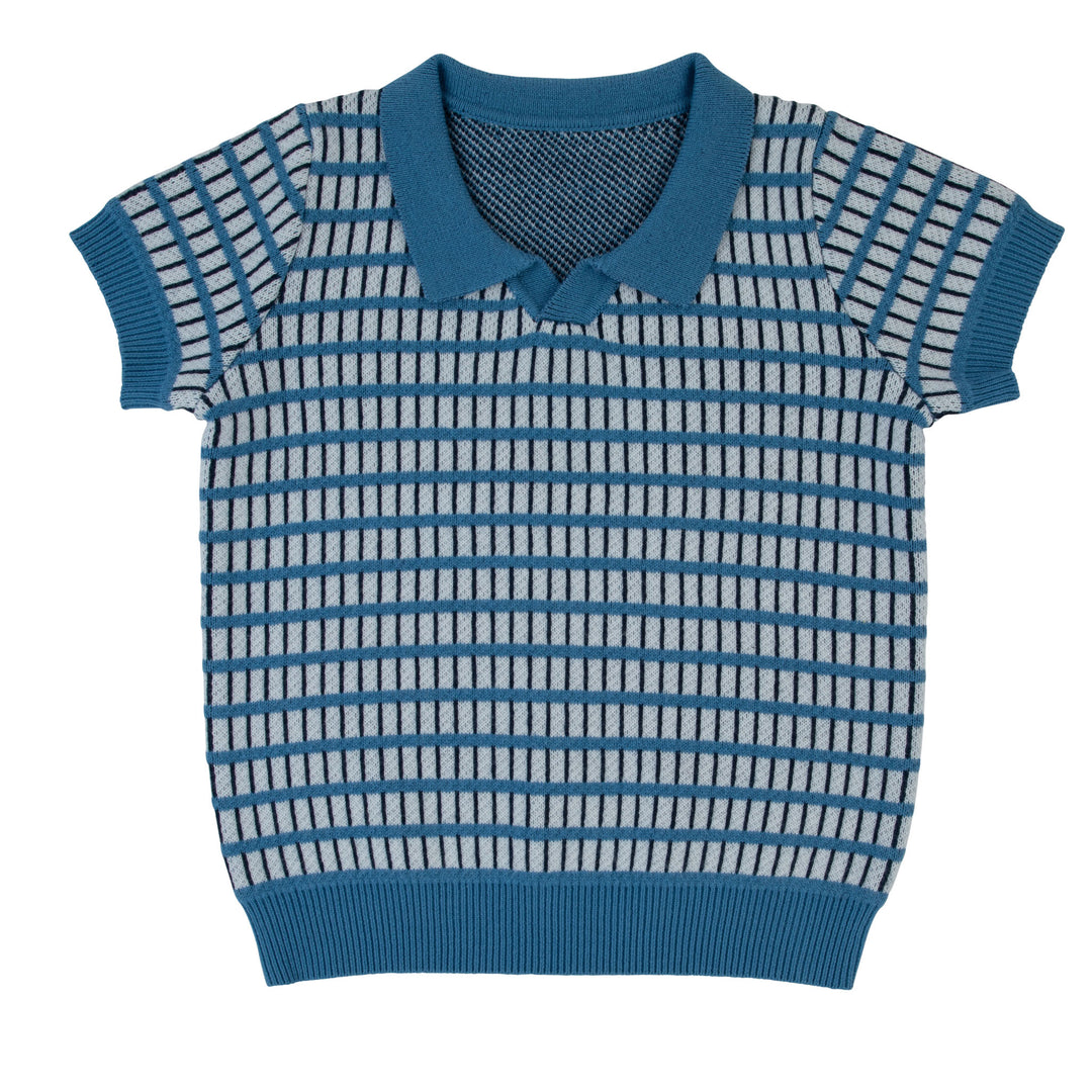 Brick Knit Short Sleeve Sweater-Dark Blue