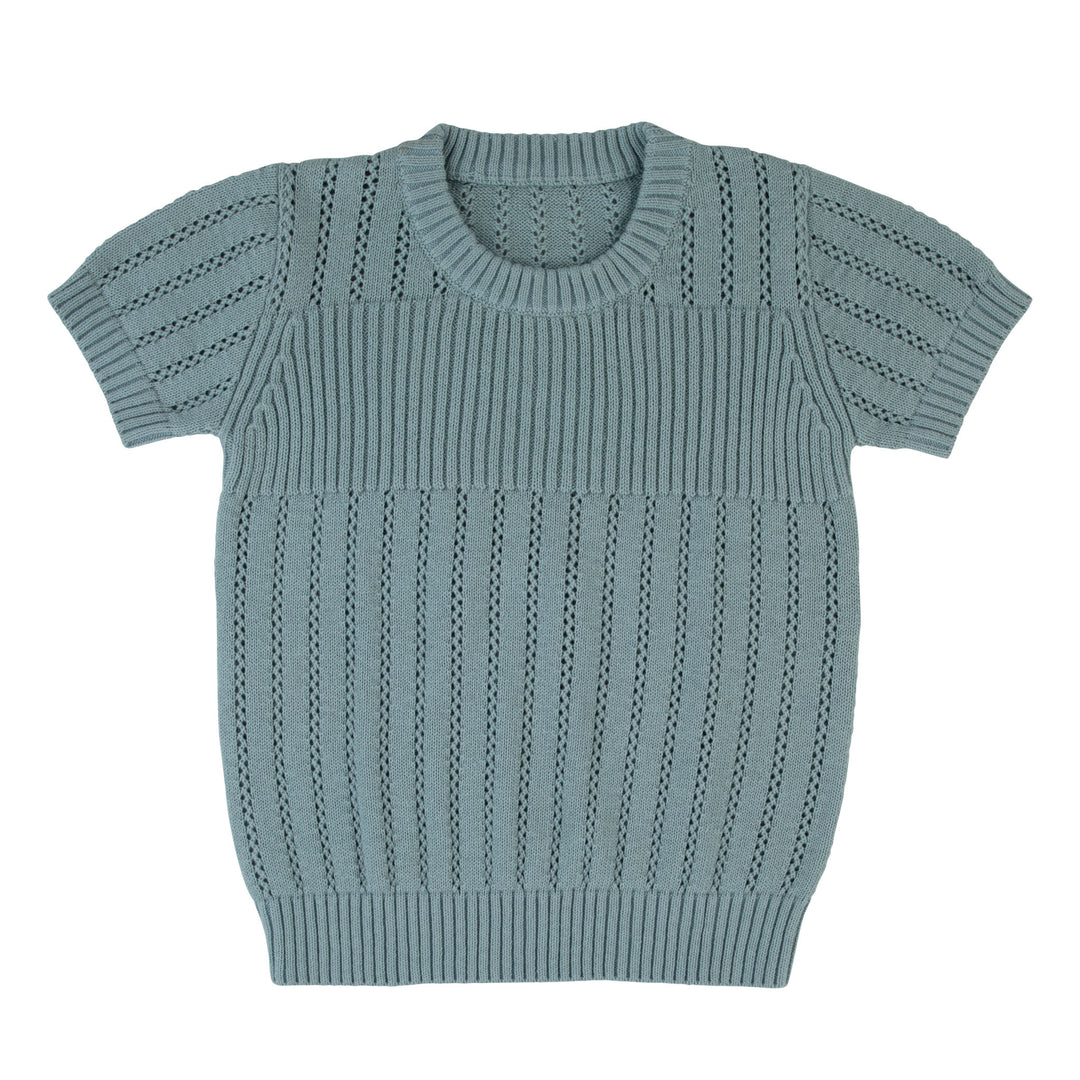 Pointelle Knit Short Sleeve Sweater- Blue Teal