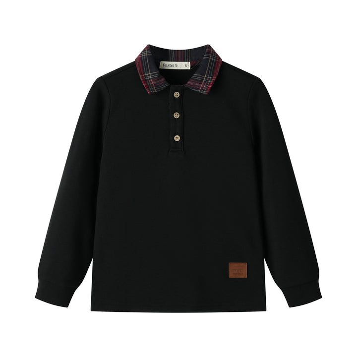 PLAID COLLAR POLO SWEATSHIRT-BLACK