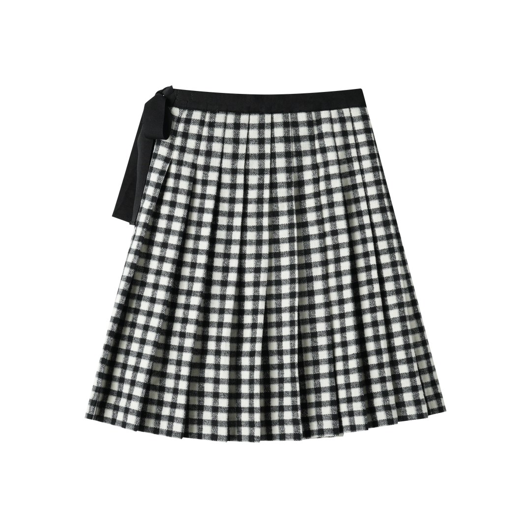 CHECKERED PLEATED SKIRT WITH TIE-BLACK CHECKERED