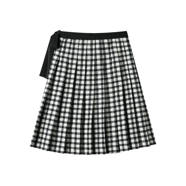 CHECKERED PLEATED SKIRT WITH TIE-BLACK CHECKERED