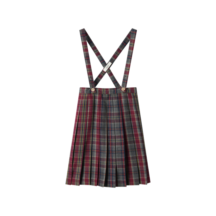 PLAID PLEATED SUSPENDER SKIRT-BURGUNDY PLAID