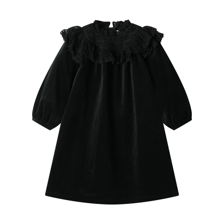 VELVET DRESS WITH LACE COLLAR-BLACK