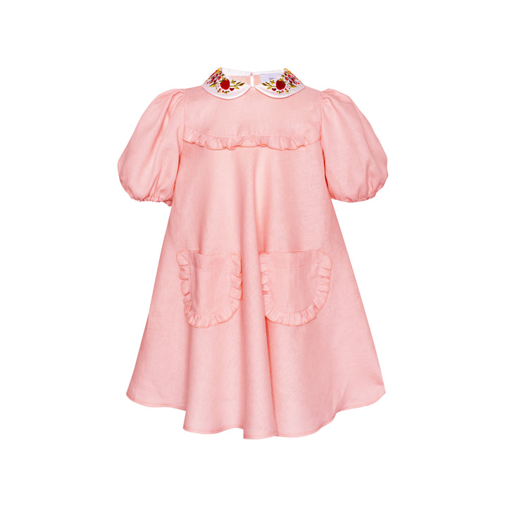 linen dress W/embroidered Collar-Pink