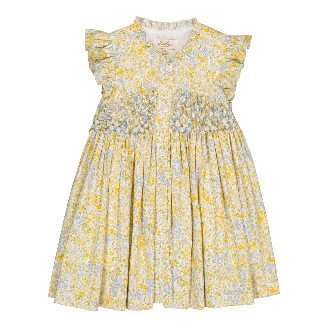 34171-LOLYNE SMOCKED DRESS-Ditsy Yellow/Blue Print