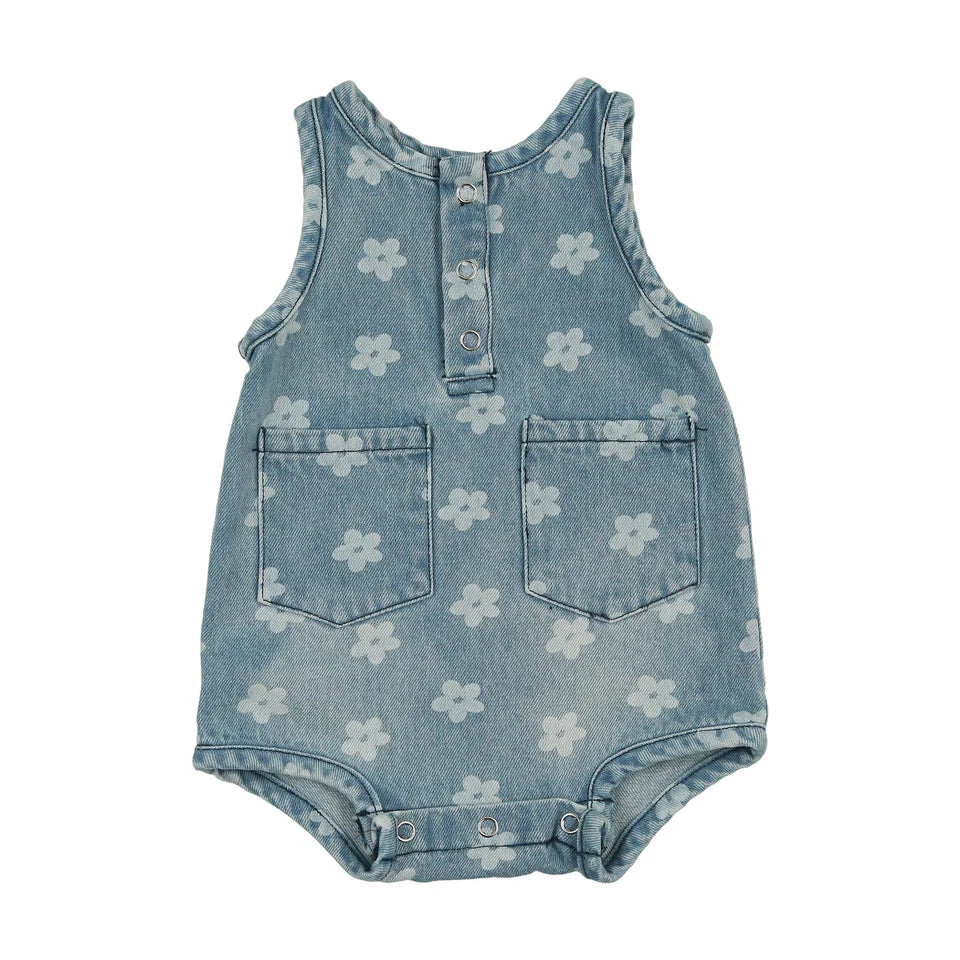 BTS25002R-Printed Denim Romper-Blue Floral