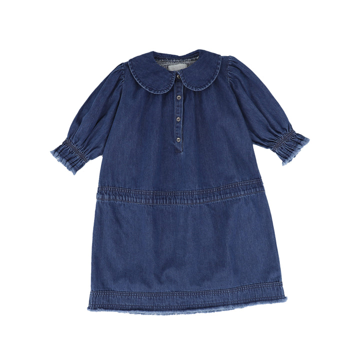 C-19216-Denim Fringe Smocked Dress -Dark Denim