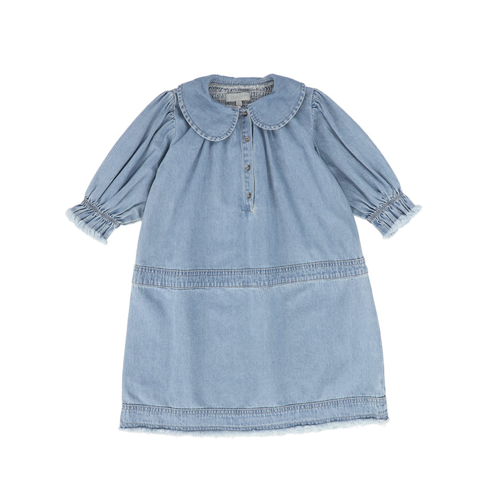 C-19216-Denim Fringe Smocked Dress -LT Blue Denim