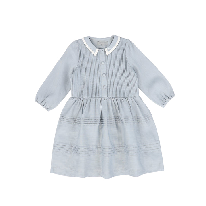 C-19228-Pleated Linen Dress -Light Blue