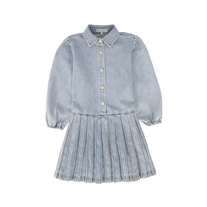 C-19790-Denim Button Down Pleated Dress -LT Blue Denim