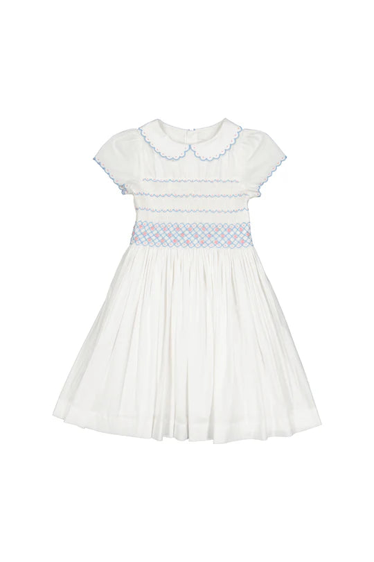 CASSIS WHITE SHORT SLEEVE SMOCKED DRESS