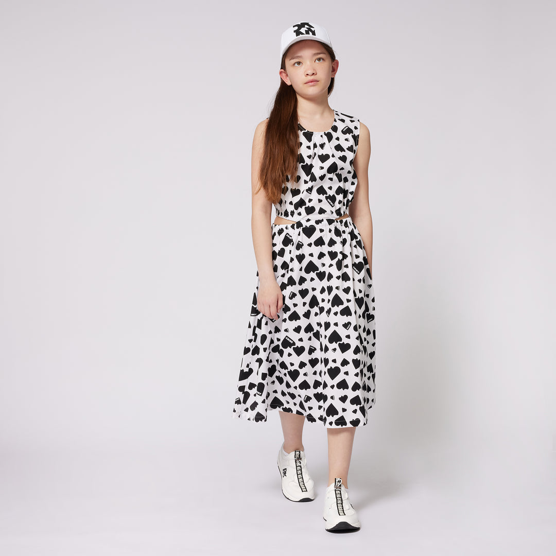 D62328-GIRLS ALLOVER HEART LONG DRESS-WHITE/BLACK