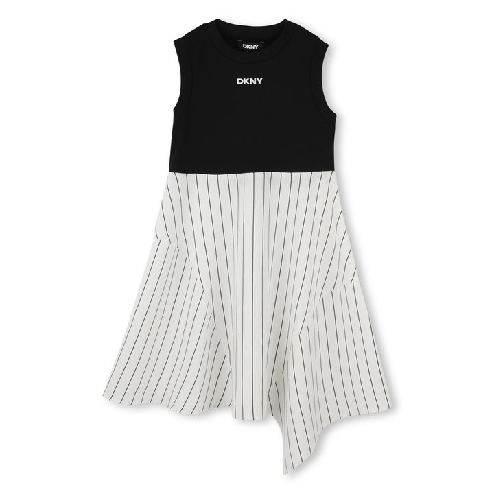 D62331-GIRLS STRIPED BOTTOM LONG DRESS-WHITE/BLACK