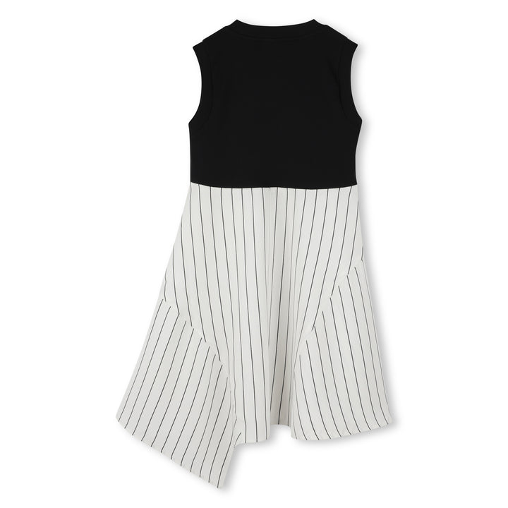 D62331-GIRLS STRIPED BOTTOM LONG DRESS-WHITE/BLACK