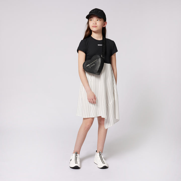 D62331-GIRLS STRIPED BOTTOM LONG DRESS-WHITE/BLACK