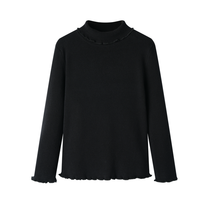 TURTLENECK WITH RUFFLE TRIM-BLACK