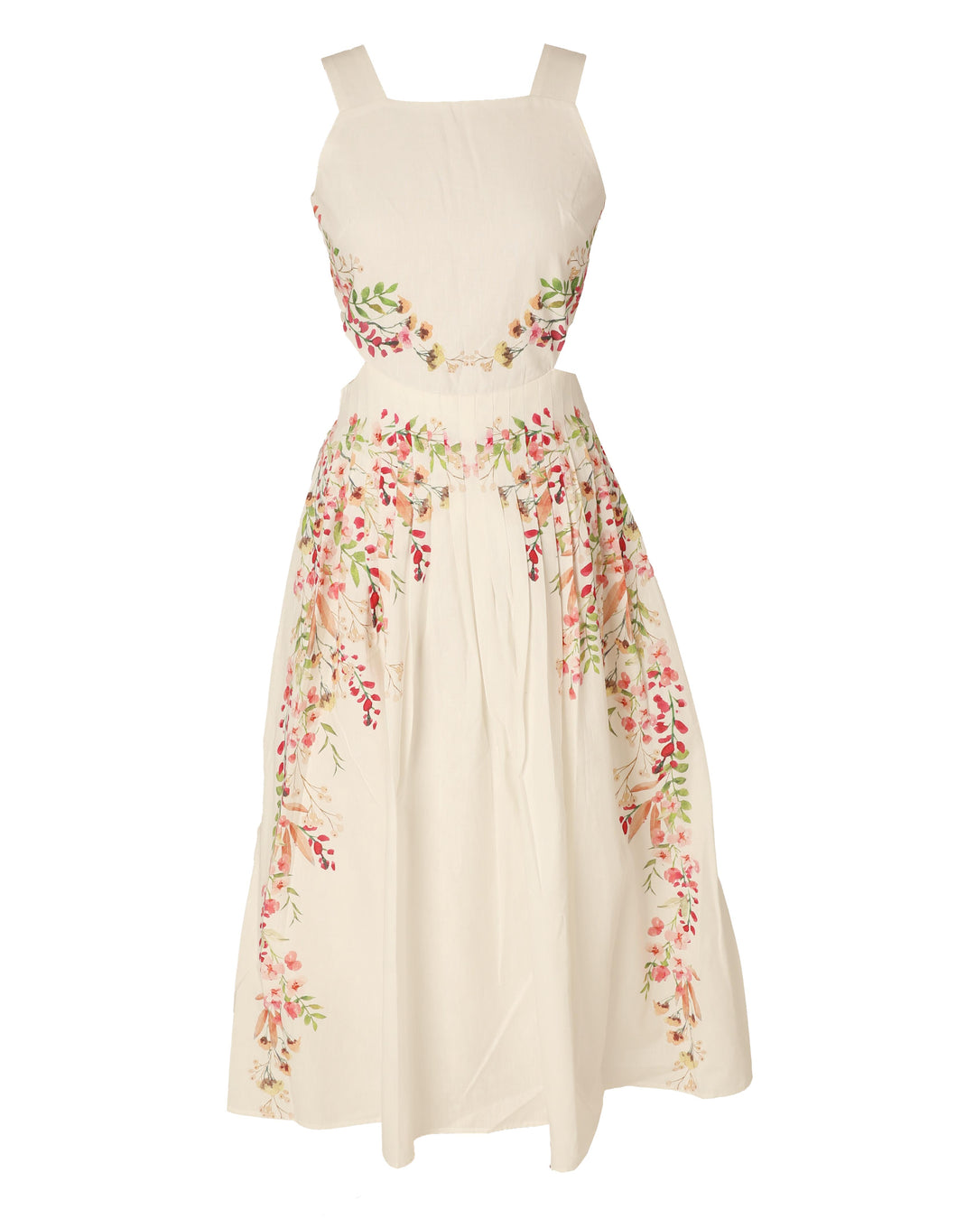 HDR603-ENGINEERED FLORAL PRINT DRESS WITH NECK RUFFLE-Ivory