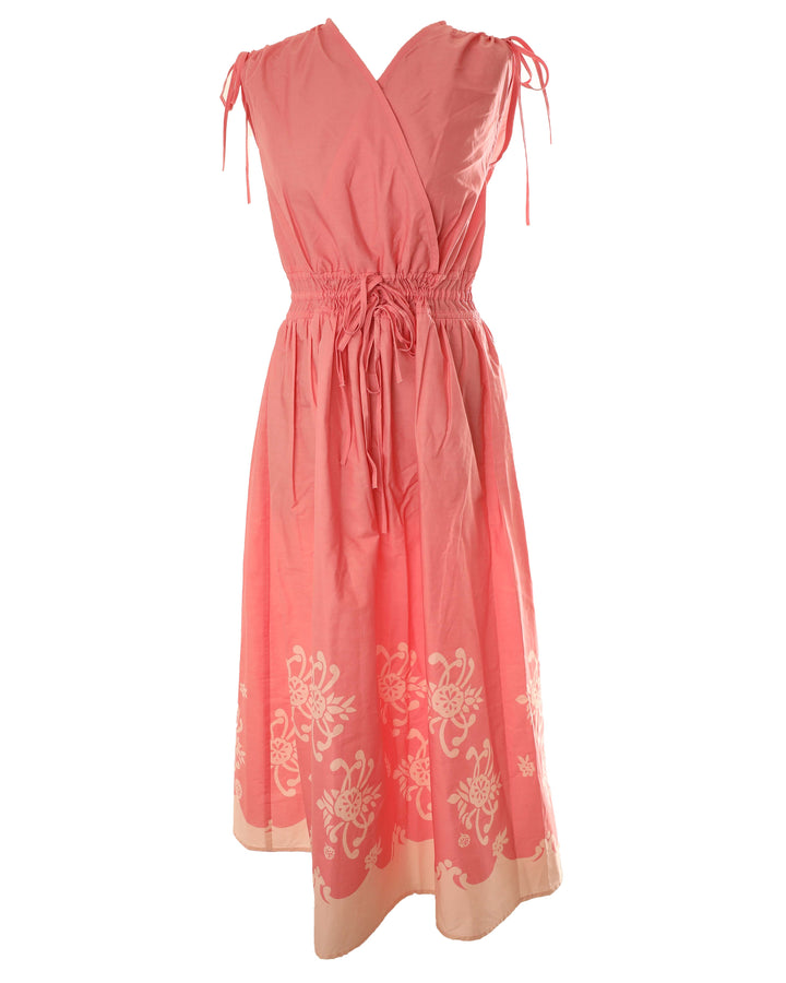 HDR605-SHOULDER AND WAIST PULLY STRINGS DRESS WITH HEM BORDER PRINT-Pink