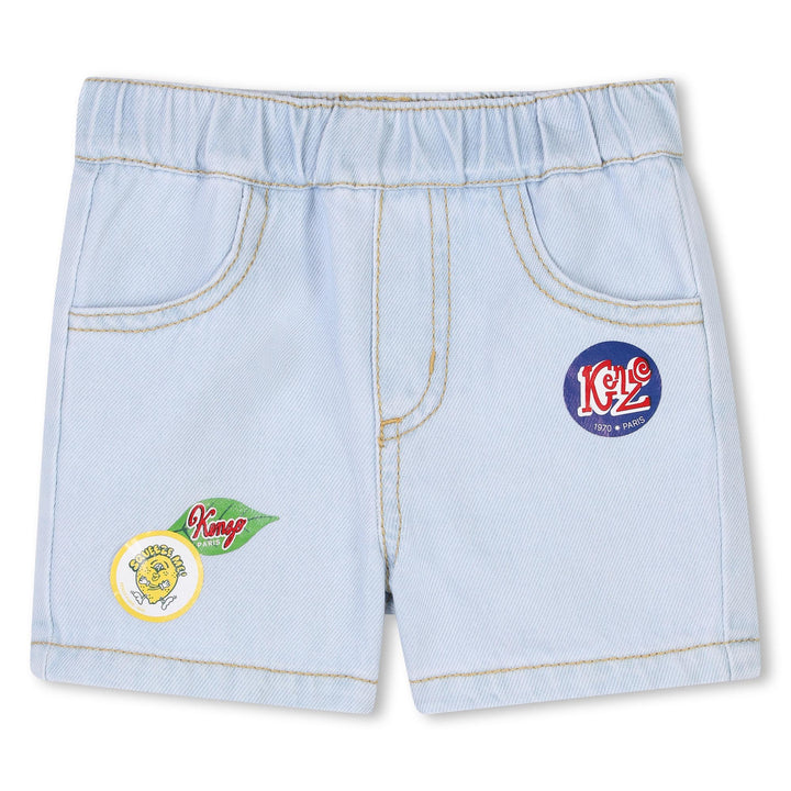 K60966-TODD BOY DENIM SHORTS W/ SMALL PRINT LOGOS-BLEACH GROWS