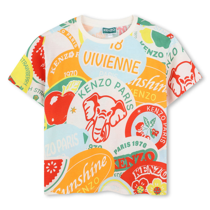 K61153-BOYS SS TEE W/ ALLOVER MULTI FRUIT STICKER LOGO-MULTICOLOURED