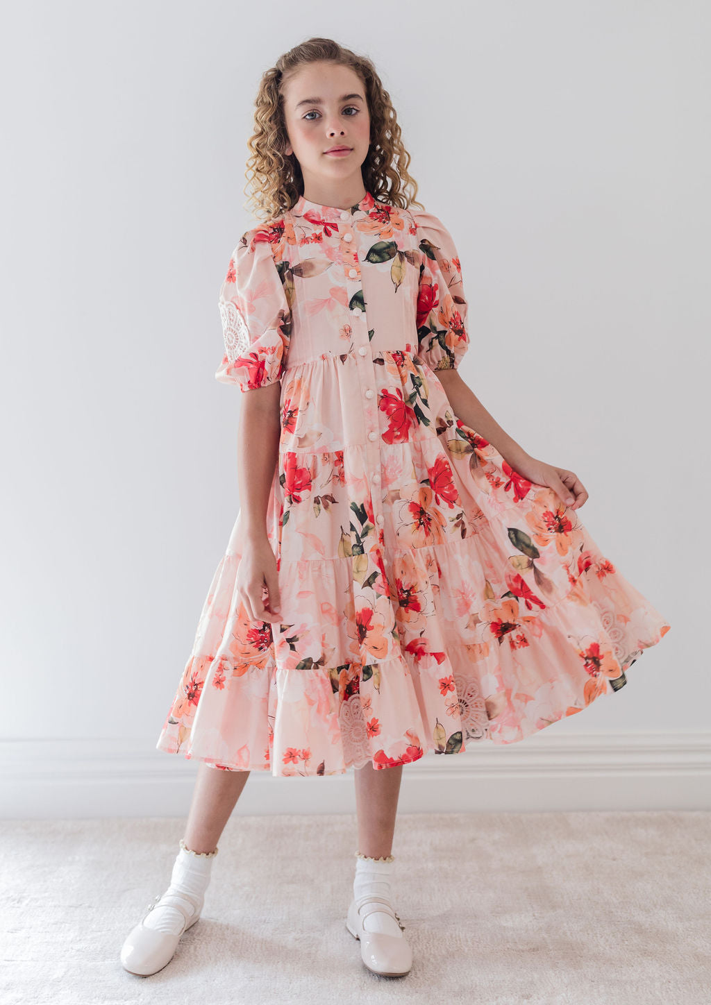 1279B-Doily Voile Dress-Peach Peony Print