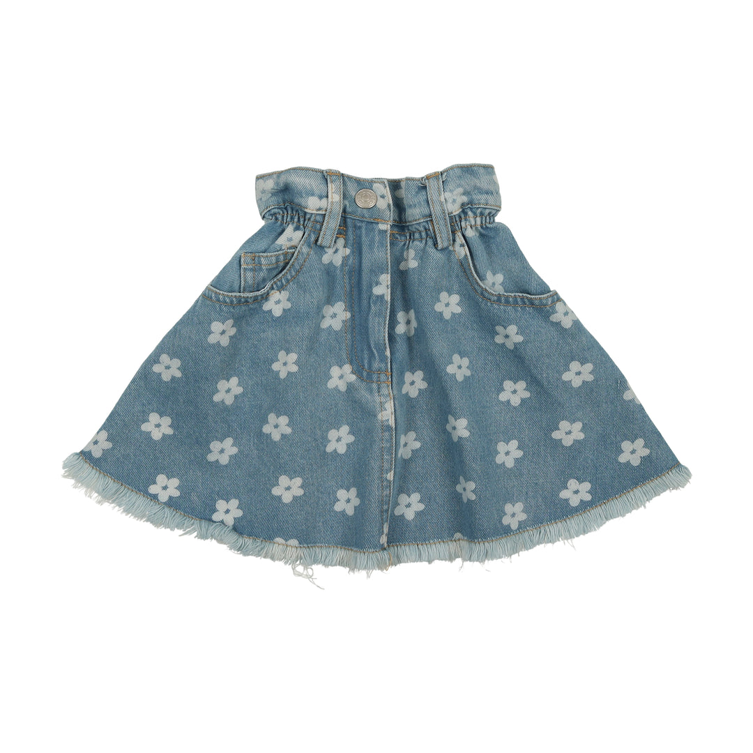 BTS25002SK-Denim Floral-Printed Denim Flare Skirt-Denim Floral