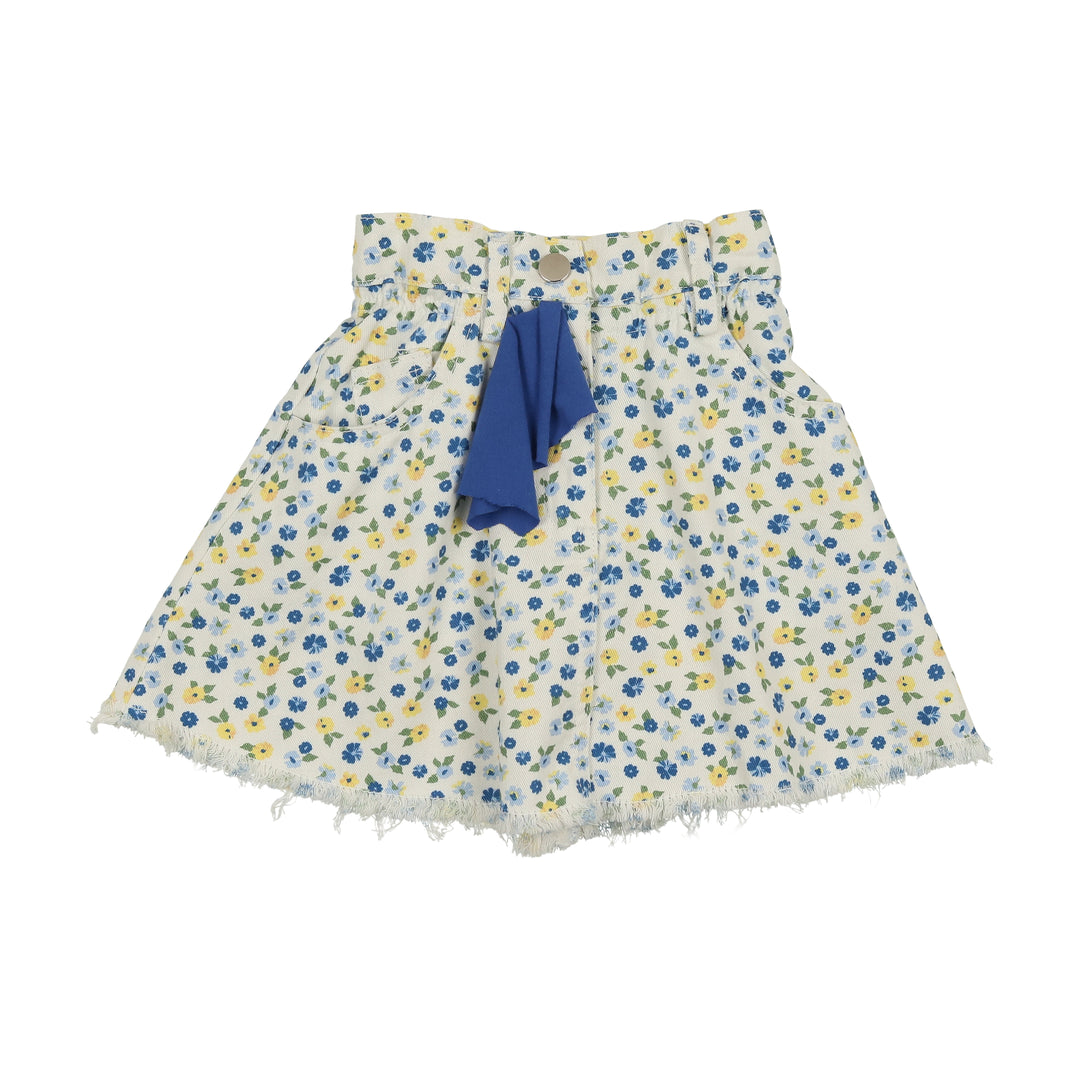 BTS25002SK-White Floral-Printed Denim Flare Skirt-White Floral