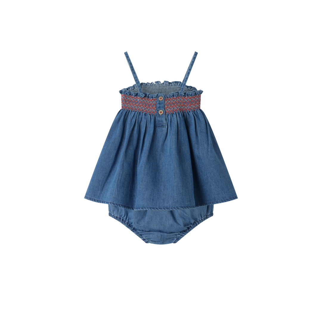 HIGH YOKE SMOCKED BLOOMER SET-DENIM