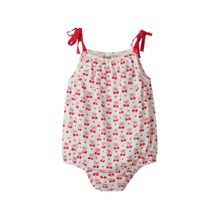 CHERRY PRINT ROMPER WITH SHOULDER TIE-RED