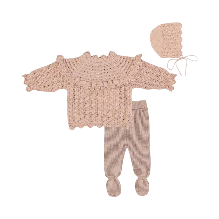 Silvia Sweater/Footed Legging/Bonnet SET -Dusty Pink