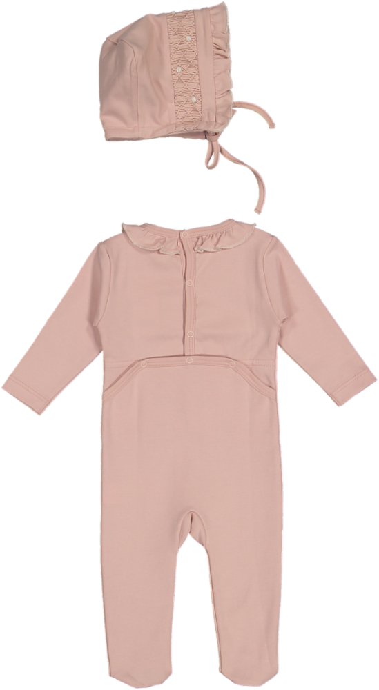 CJ30019-FOOTIE/BONNET SET-Rose/Smock