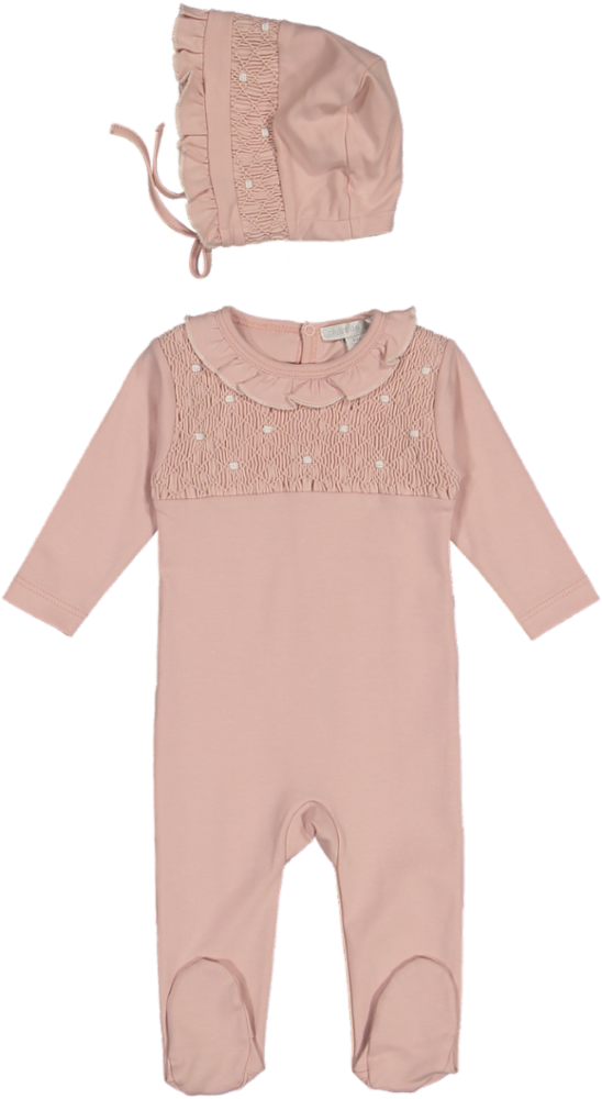 CJ30019-FOOTIE/BONNET SET-Rose/Smock