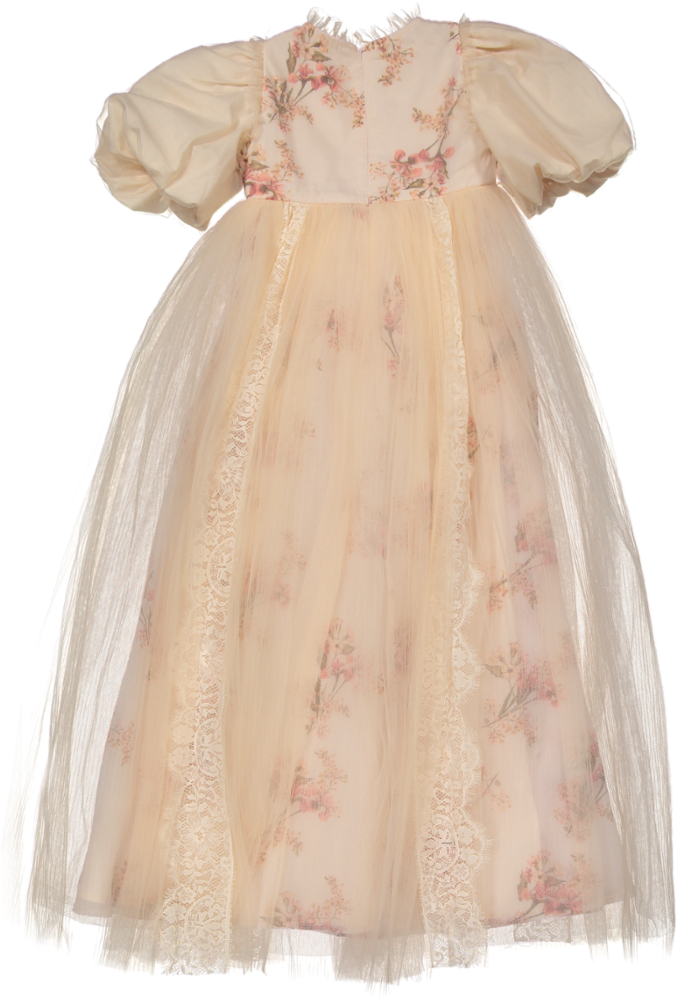 1260B ELBOW-Elbow Slv Blush Orchid Tulle Gown-Blush Orchid Print 3/4 sleeve