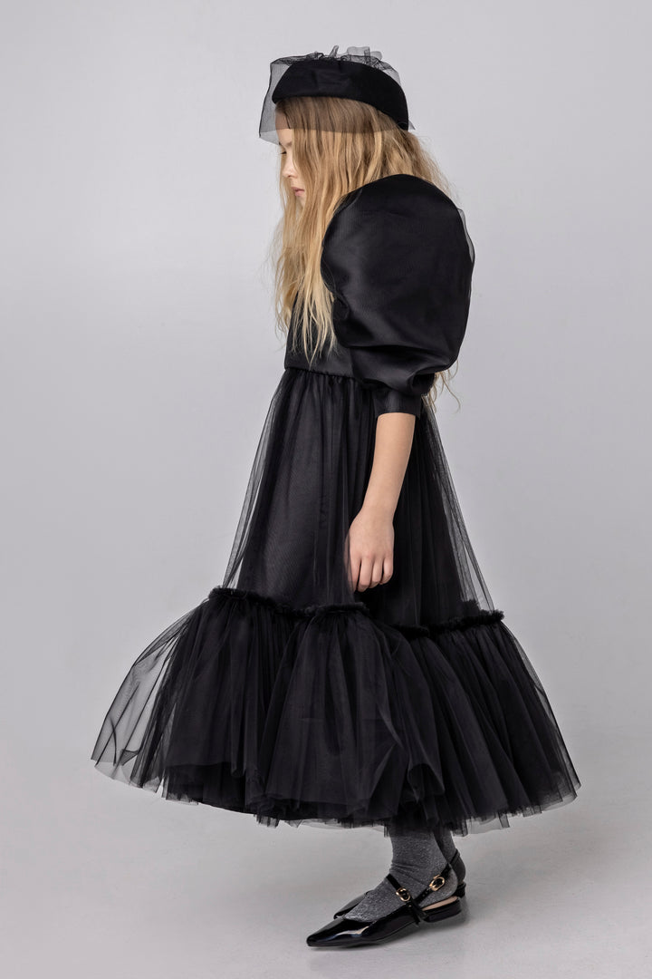 AW23-55/black-JACKIE DRESS(LONG)-Black Tulle