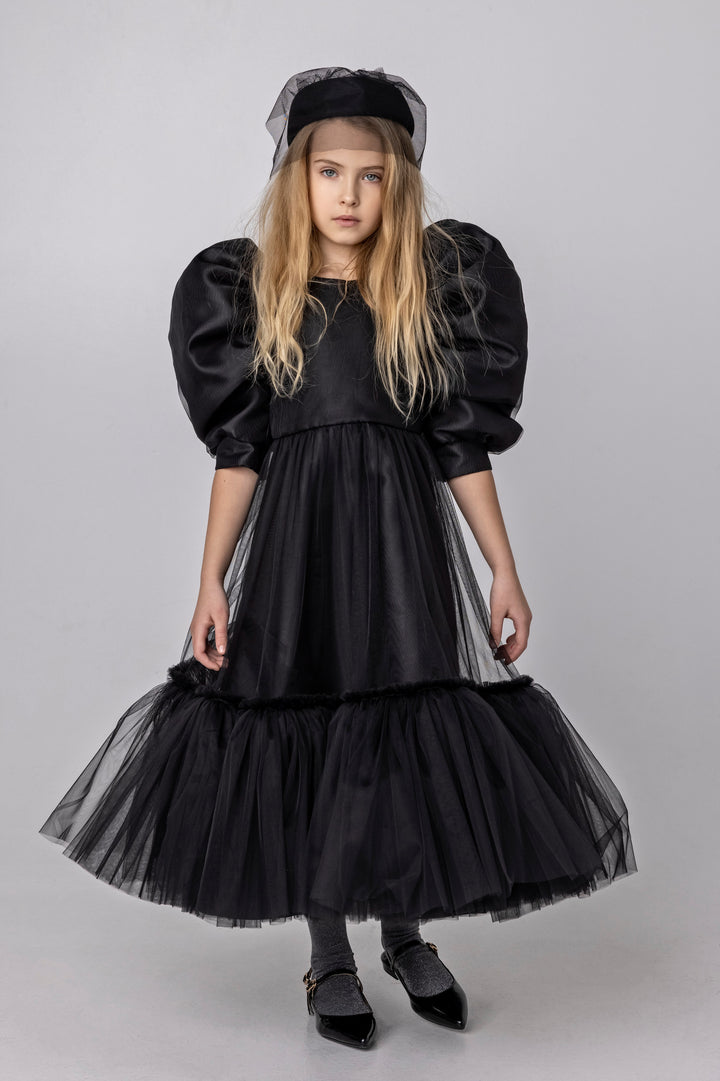 AW23-55/black-JACKIE DRESS(LONG)-Black Tulle